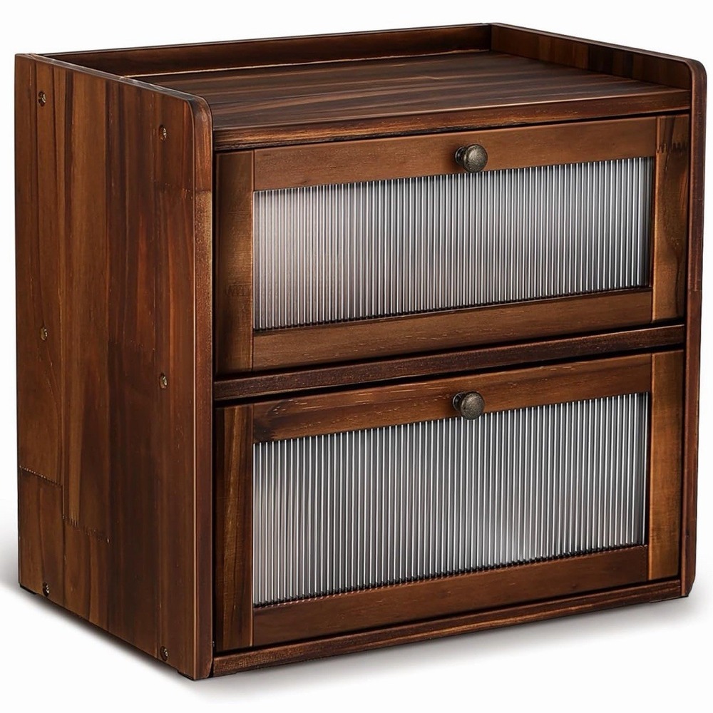 ULTECHNOVO Wooden Bread Box Double Layer Farmhouse Bin Window 2 Tier Storage NOB